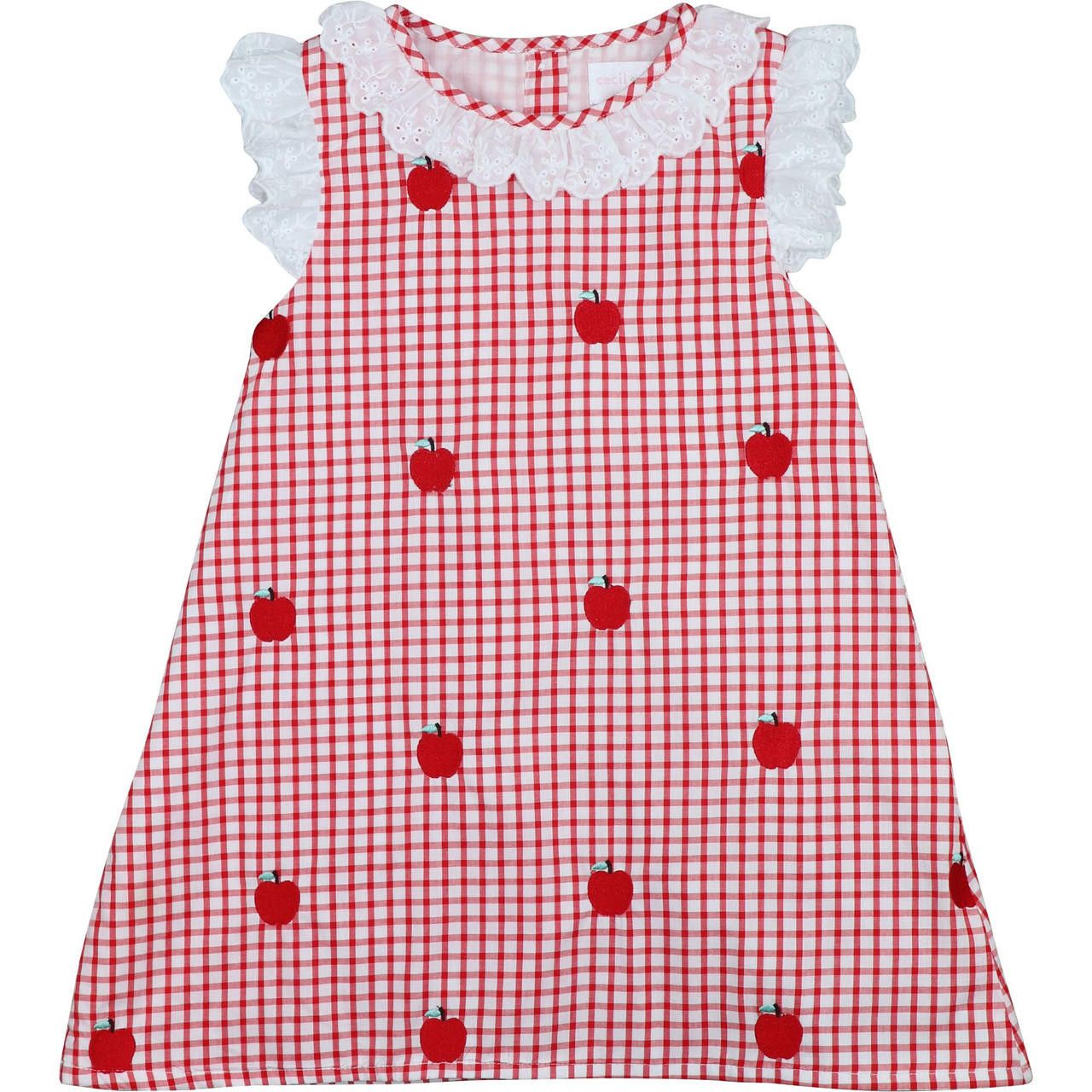 Red Windowpane Embroidered Apple Dress