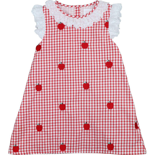 Red Windowpane Embroidered Apple Dress
