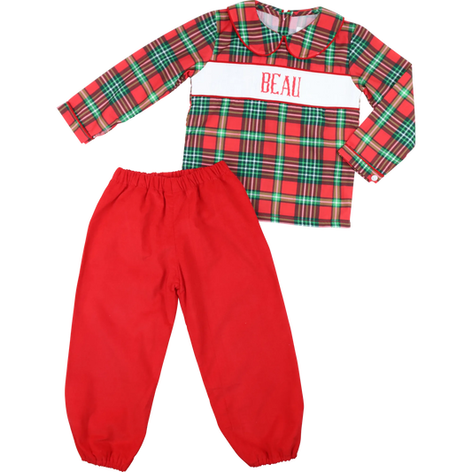 Red and Green Plaid Custom Smocked Ankle Pant Set