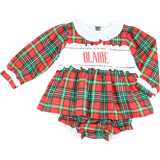 Red and Green Plaid Custom Smocked Diaper Set