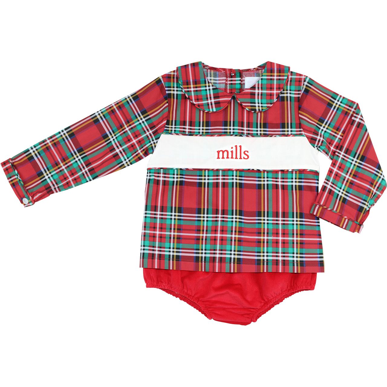 Red and green plaid baby outfit with 'mills' branding on a white background
