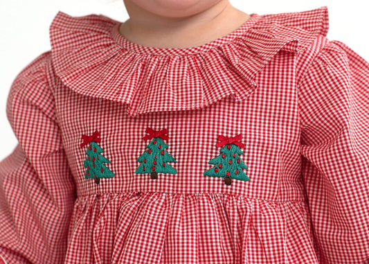 Red and white checkered dress with embroidered Christmas trees and red bows