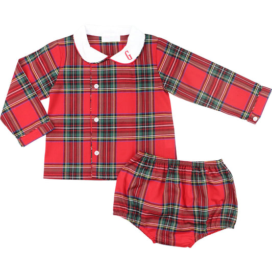 Red plaid baby outfit with shirt and diaper on a white background