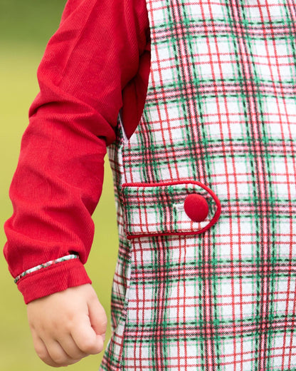 Red sleeve and plaid coat with a green background