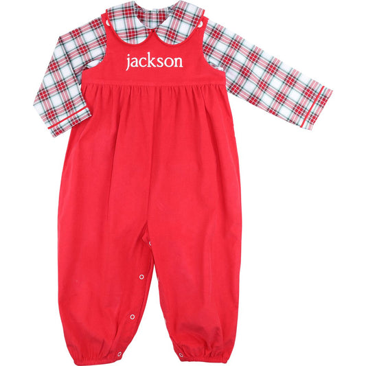 Red And Green Plaid Corduroy Long Romper Set