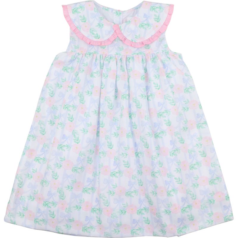 Baby dress with floral pattern and pink trim on a white background