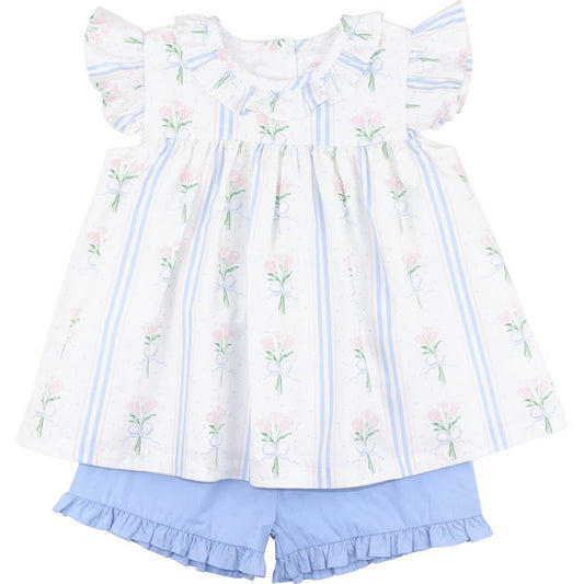 Children's outfit with floral-patterned top and blue shorts on a white background