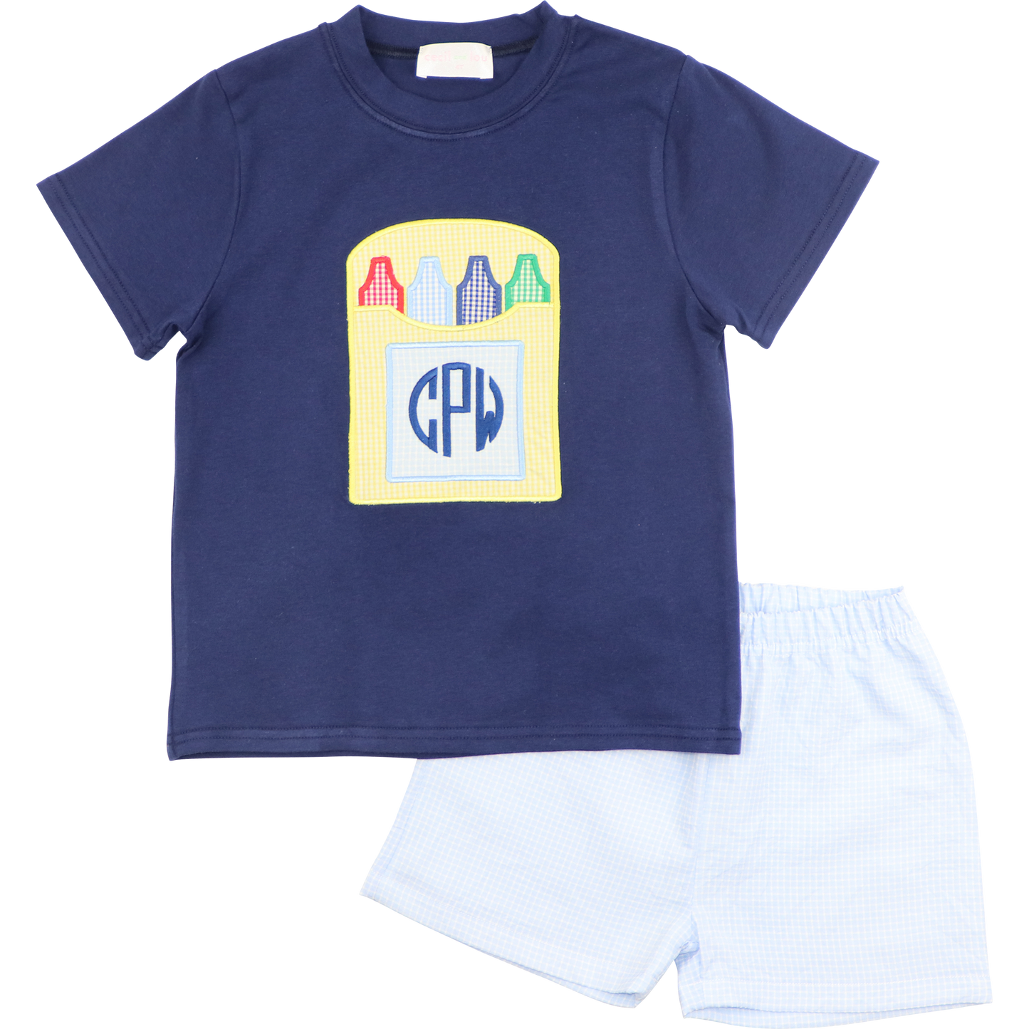 Navy And Blue Gingham Applique Crayons Short Set