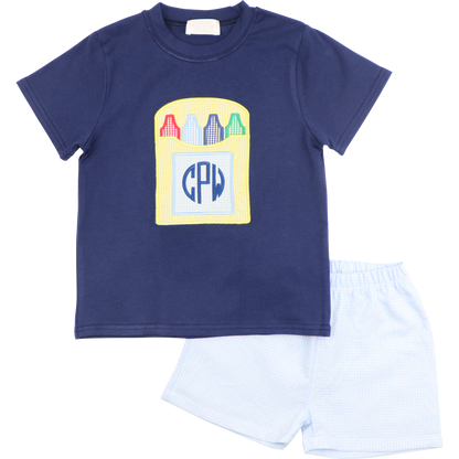 Navy And Blue Gingham Applique Crayons Short Set