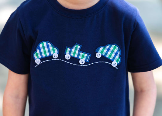 Navy Shirt With Three Applique Cars On The Front