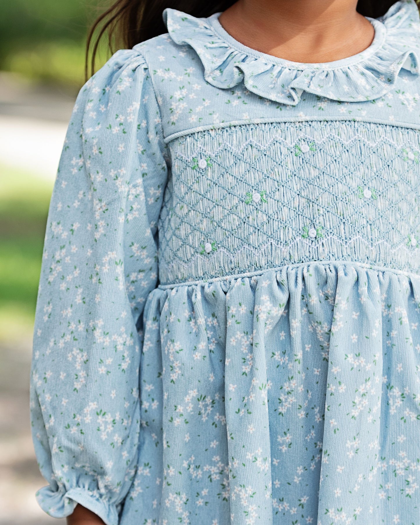 Blue Floral Corduroy Smocked Bubble