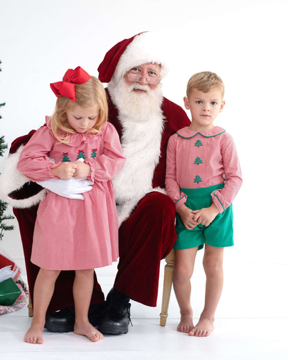Santa Claus sitting with two children in festive outfits on a white background