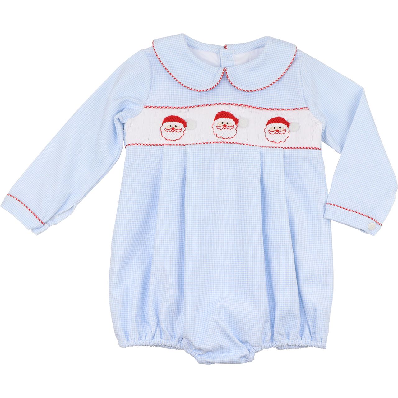 Blue Gingham Corduroy Smocked Santa Bubble