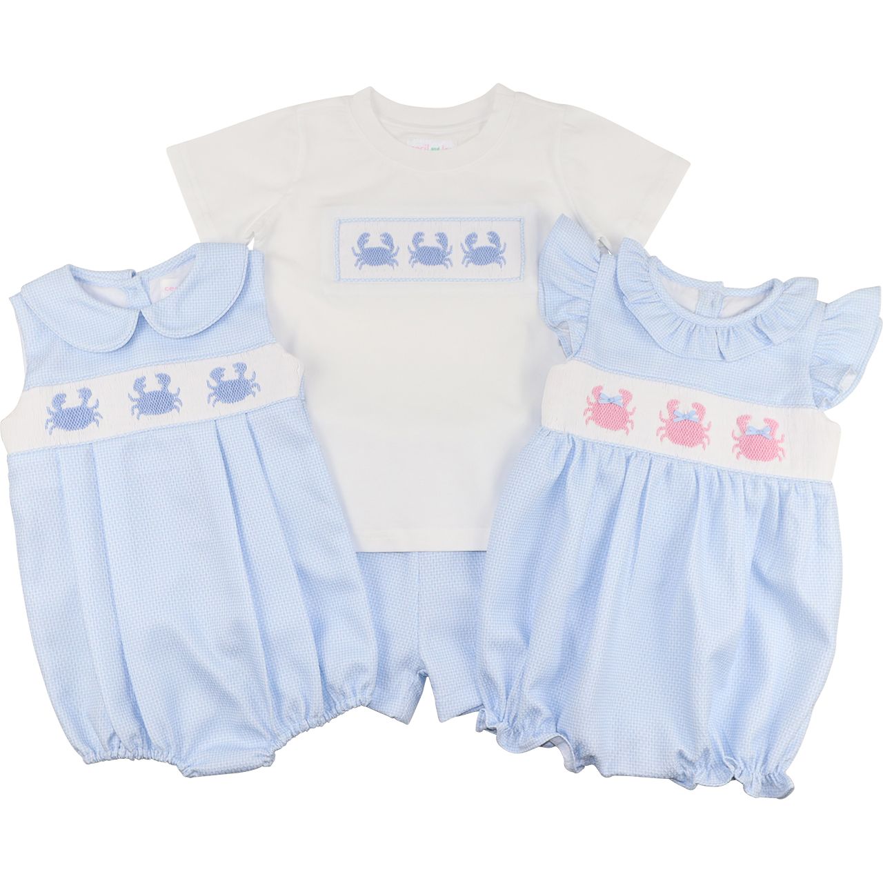 Set of baby rompers with crab design on a white background