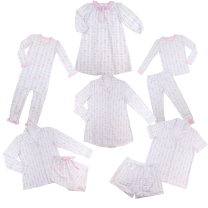 Set of pink and white checkered pajama sets on a white background