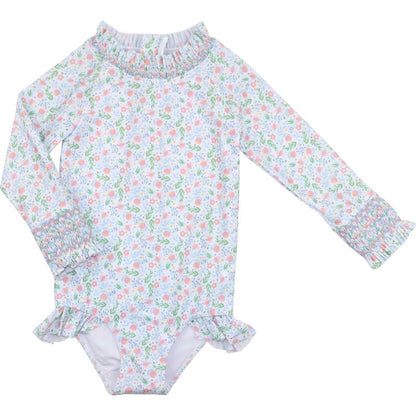 Smocked Botanic Print Long Sleeve Swimsuit