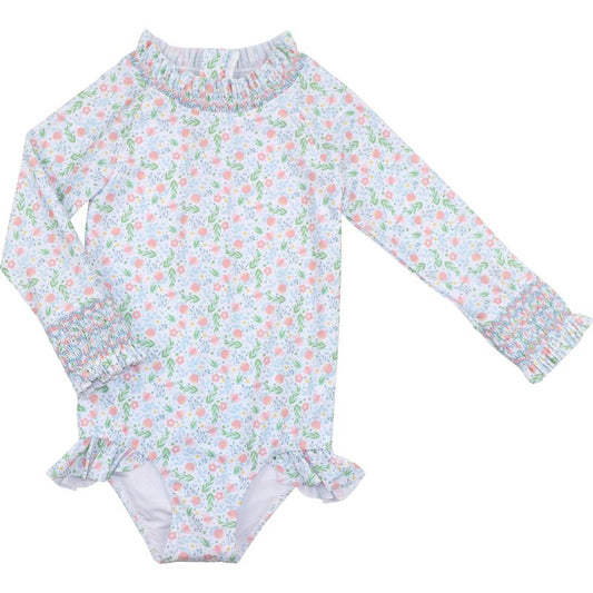 Smocked Botanic Print Long Sleeve Swimsuit