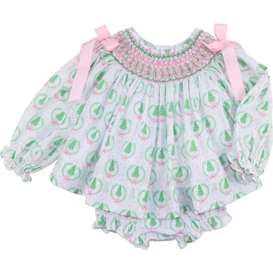 Smocked Christmas Tree Bow Diaper Set