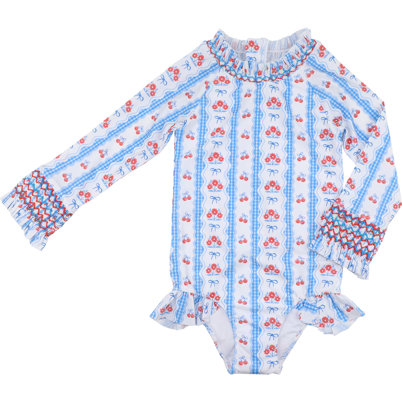 Children's swimsuit with cherry pattern on a white background