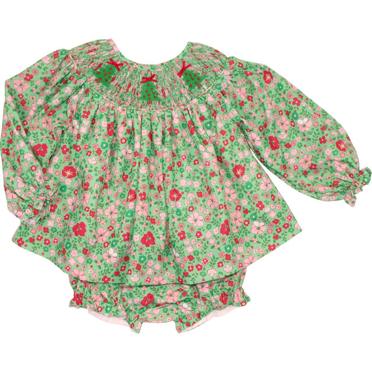 Smocked Floral Christmas Tree Diaper Set