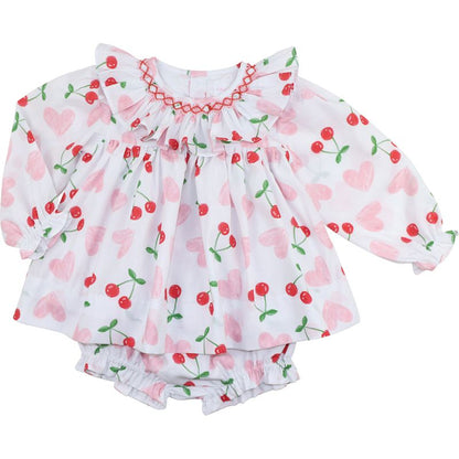 Smocked Heart And Cherry Diaper Set