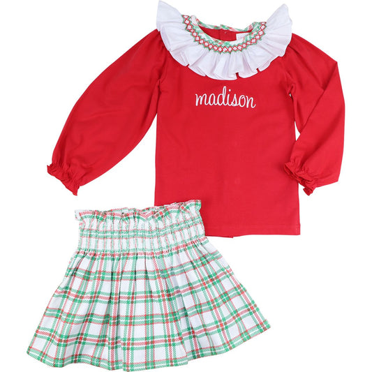 Smocked Plaid Corduroy Skirt Set