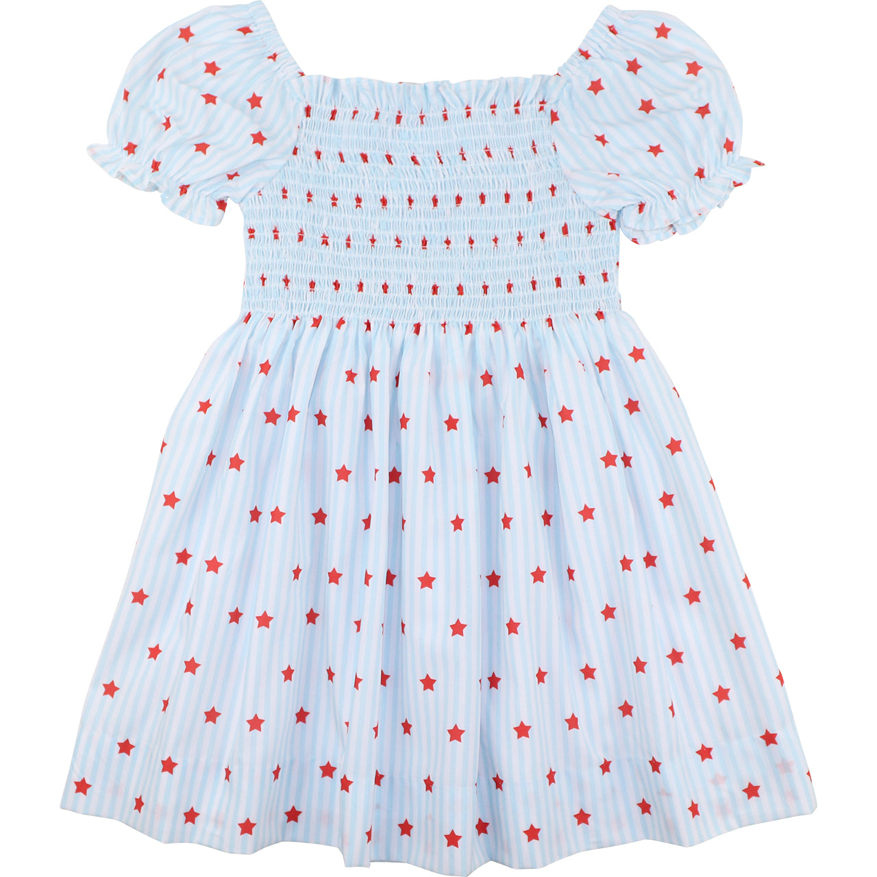 White dress with red star pattern on a white background