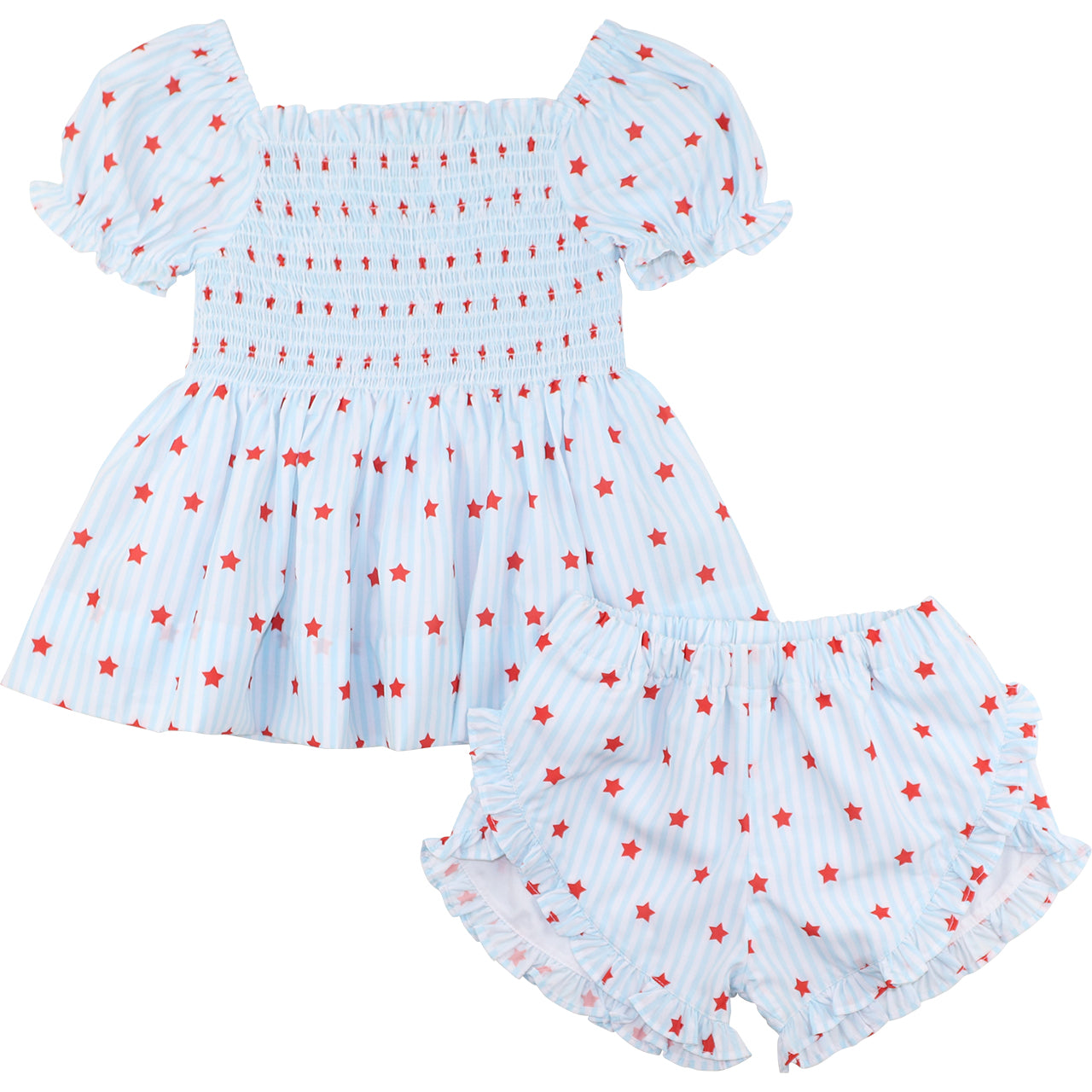 Children's outfit with top and shorts featuring red star patterns on a white background