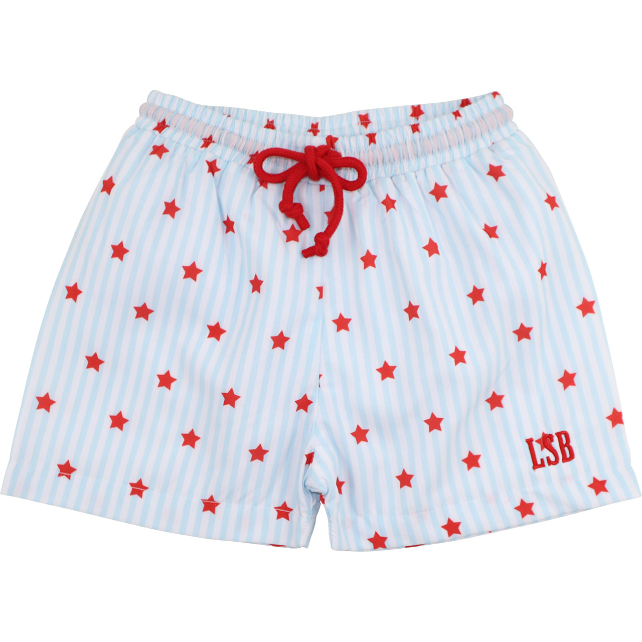 Light blue and white striped boys’ swim trunks with red stars, a red drawstring waist, and red embroidered initials on the lower leg.