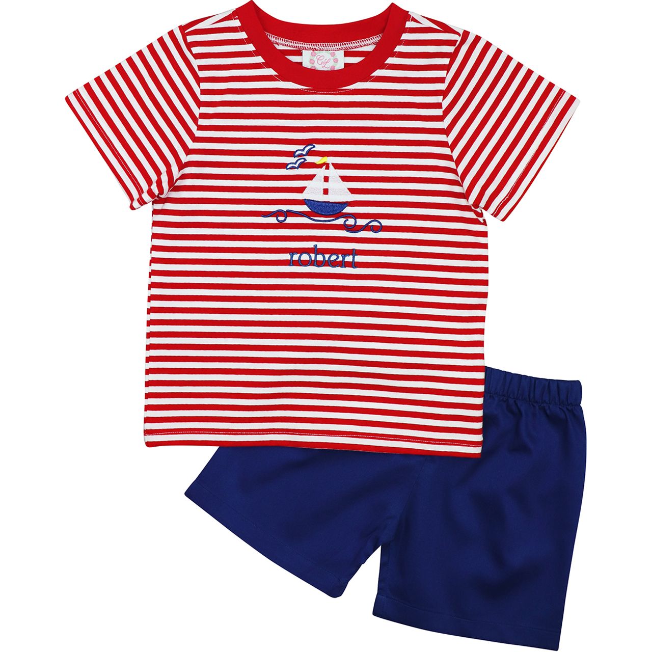 Striped Embroidered Sailboat Short Set