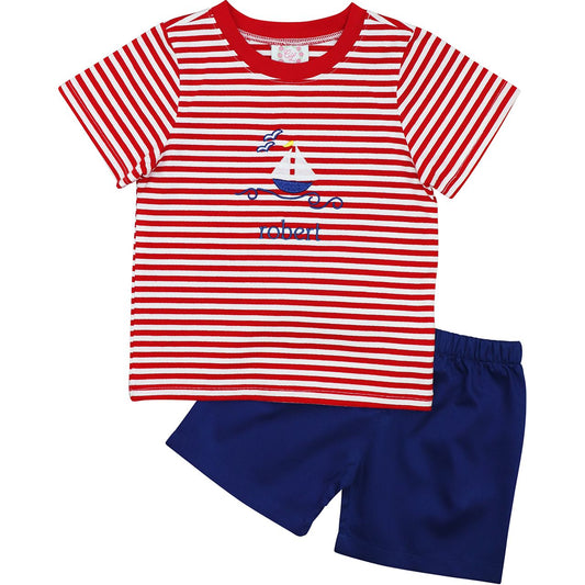 Striped Embroidered Sailboat Short Set