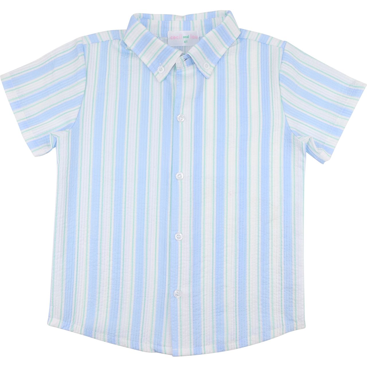 Boys pastel blue and mint striped seersucker short sleeve button down shirt with button-down collar and front buttons.