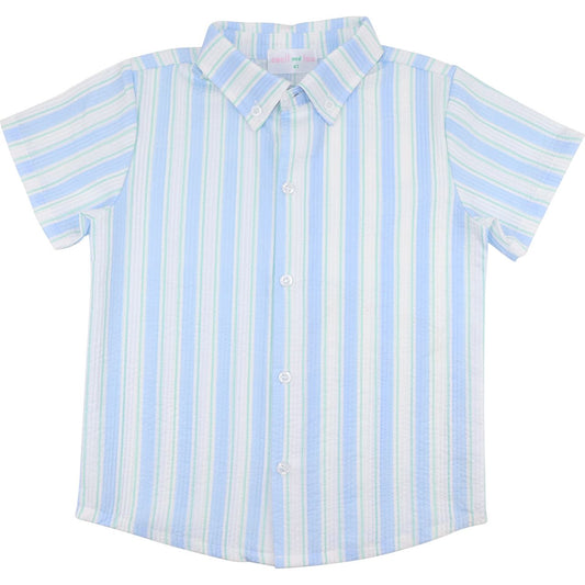 Boys pastel blue and mint striped seersucker short sleeve button down shirt with button-down collar and front buttons.