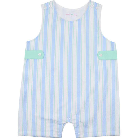 Pastel blue and mint striped seersucker baby boy jon jon romper with button shoulders, mint side tabs, and snap bottom.