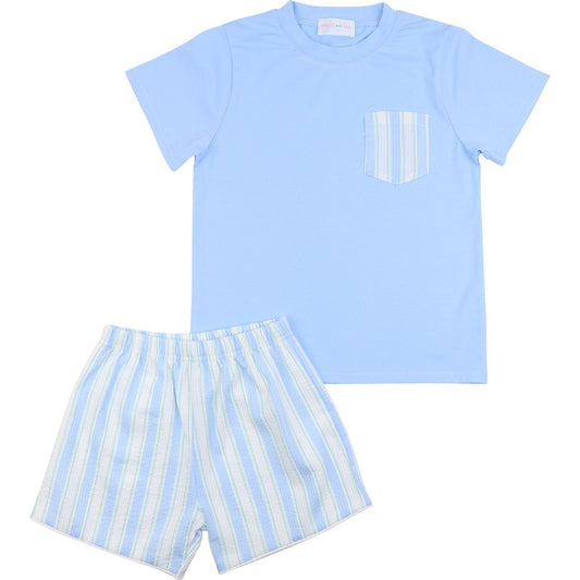 Boys striped seersucker short set with light blue t-shirt and matching pastel striped pocket and elastic waist shorts.