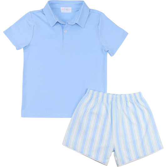 Boys two-piece set with light blue short sleeve polo shirt and pastel striped seersucker shorts with elastic waistband.