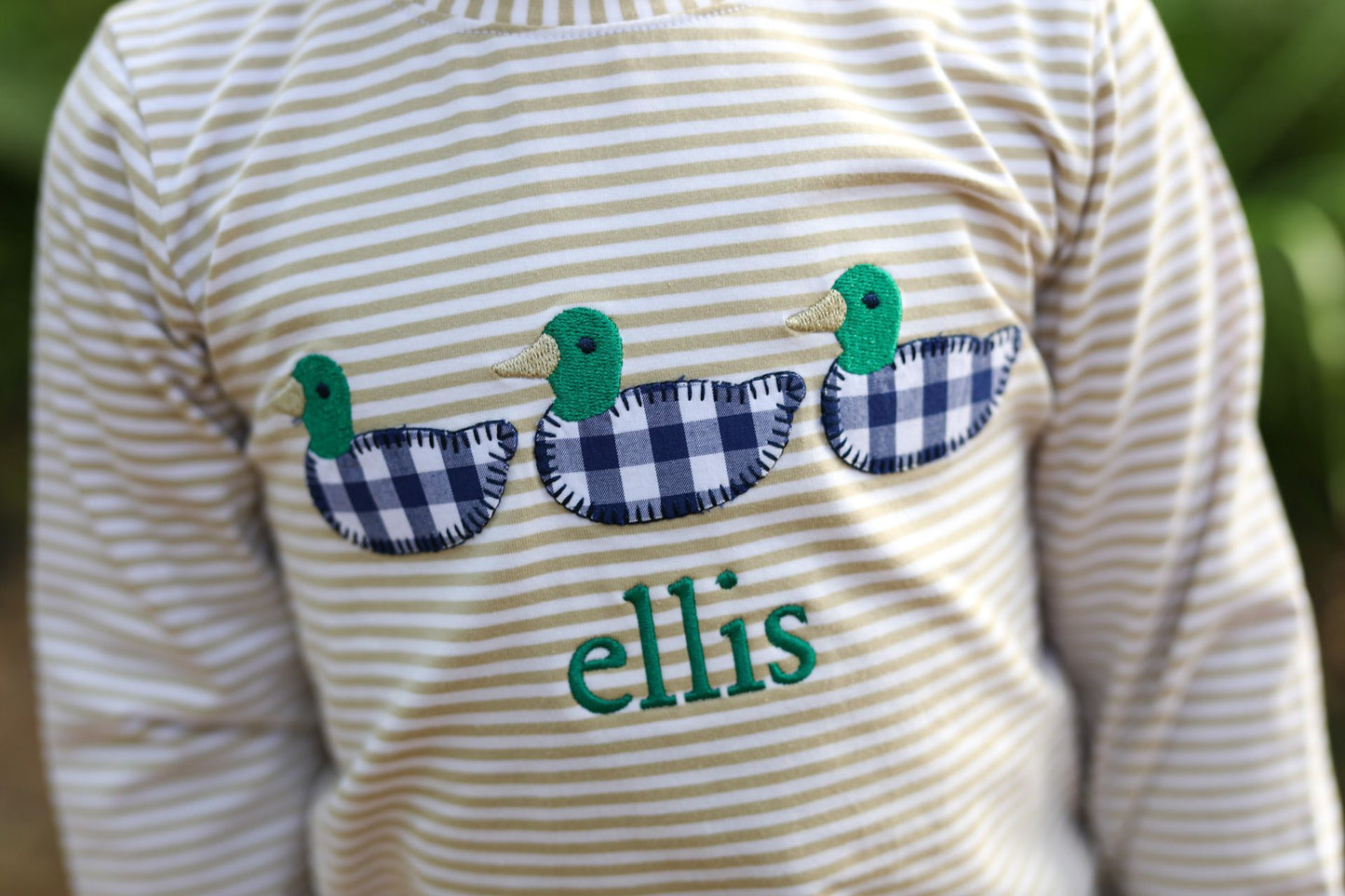 Striped shirt with duck designs and the name 'ellis' on a blurred green background