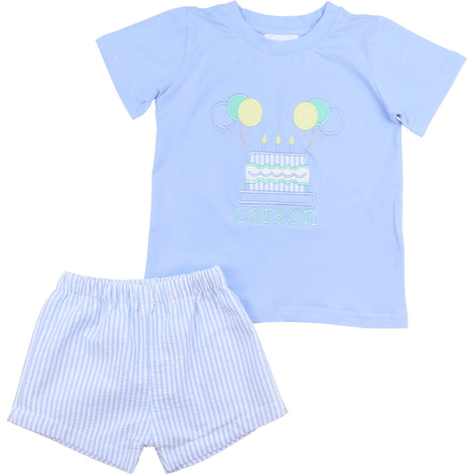 Blue Seersucker Birthday Short Set