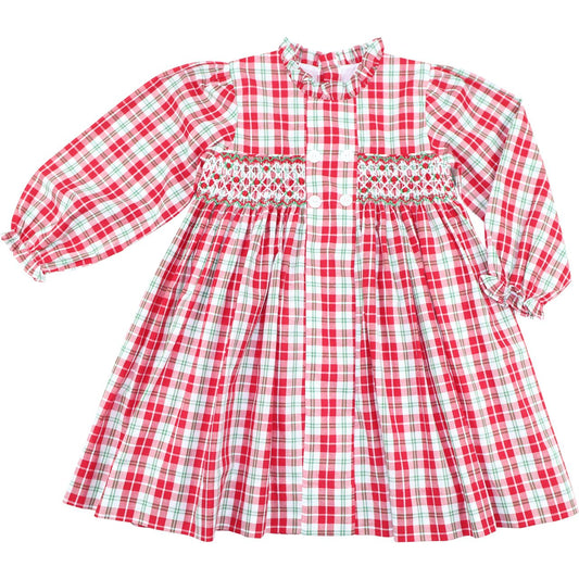 Red And Green Plaid Geometric Smocked Dress