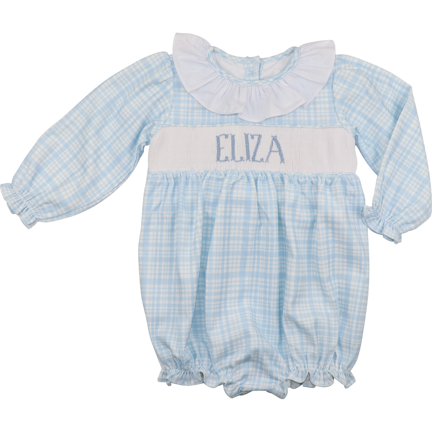 Blue Plaid Corduroy Custom Smocked Ruffle Bubble
