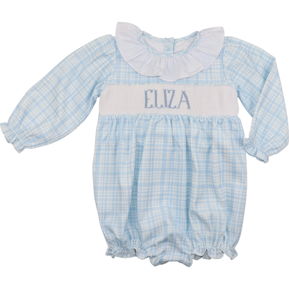 Blue Plaid Corduroy Custom Smocked Ruffle Bubble