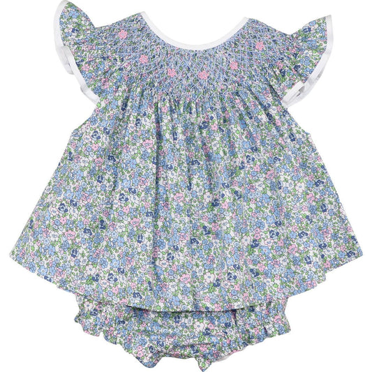 Blue And Pink Smocked Floral Diaper Set