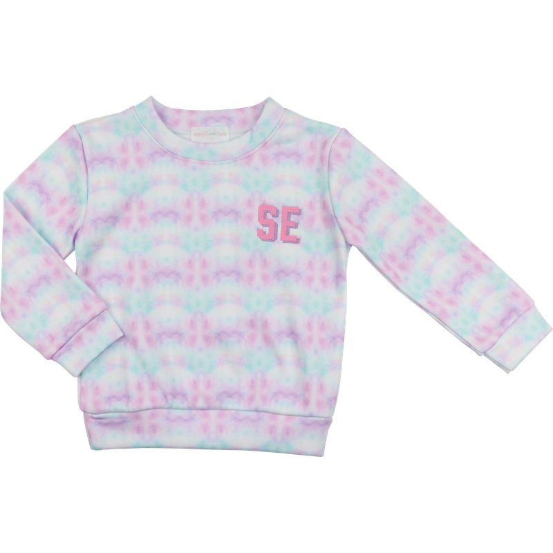 Pastel tie-dye sweatshirt with 'SE' on a white background