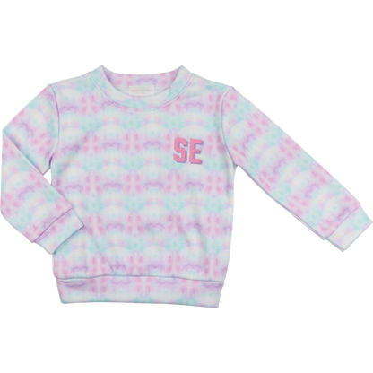 Pastel tie-dye sweatshirt with 'SE' on a white background