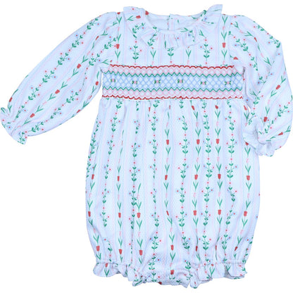 Red and green tulip print smocked bubble with ruffle neckline
