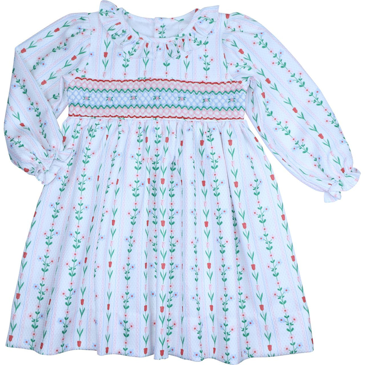 Red and green tulip print smocked dress with ruffle neckline