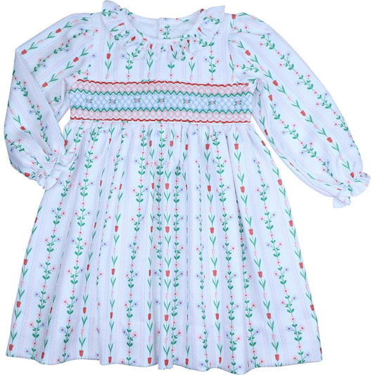 Red and green tulip print smocked dress with ruffle neckline