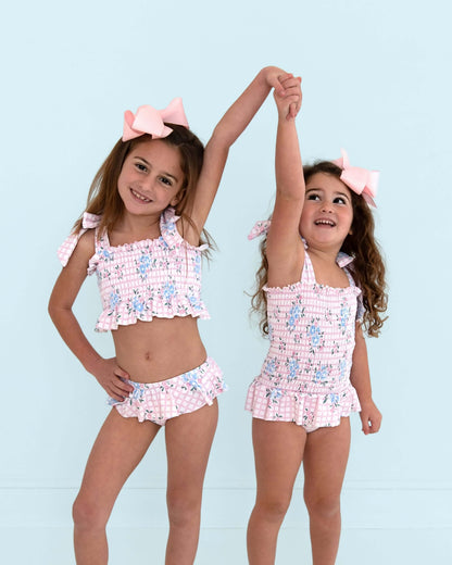 Floral Windowpane Smocked Bikini