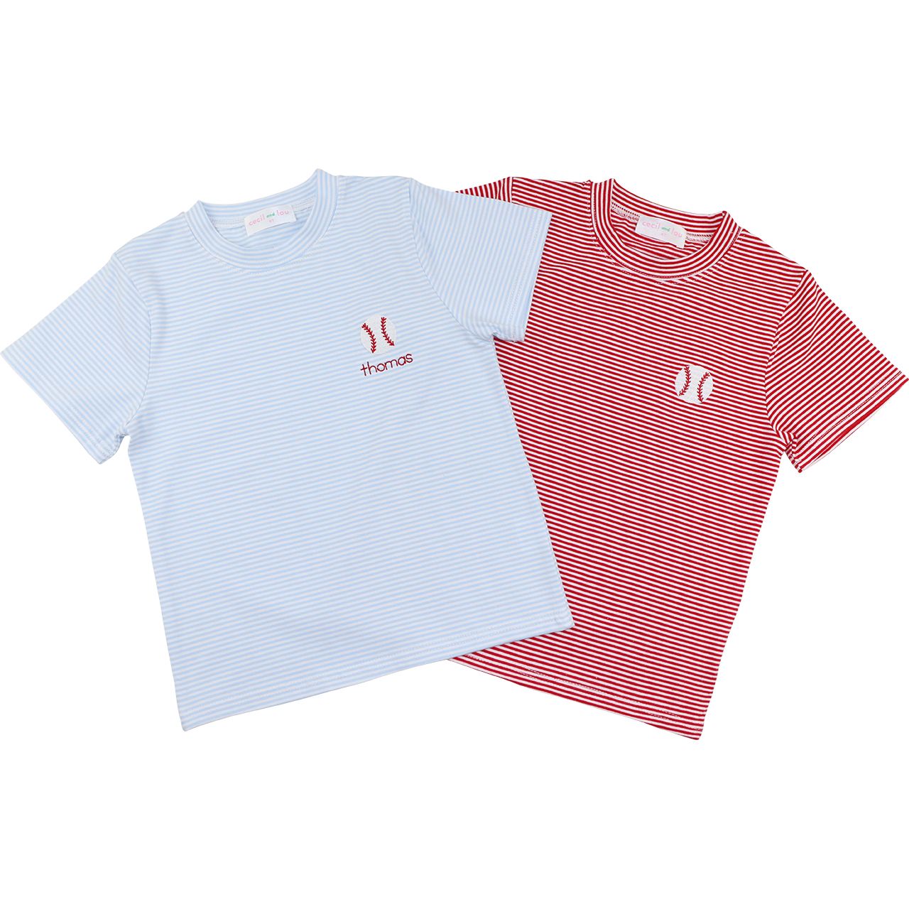 Two t-shirts, one light blue and one red with white stripes
