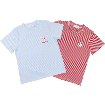 Two t-shirts, one light blue and one red with white stripes
